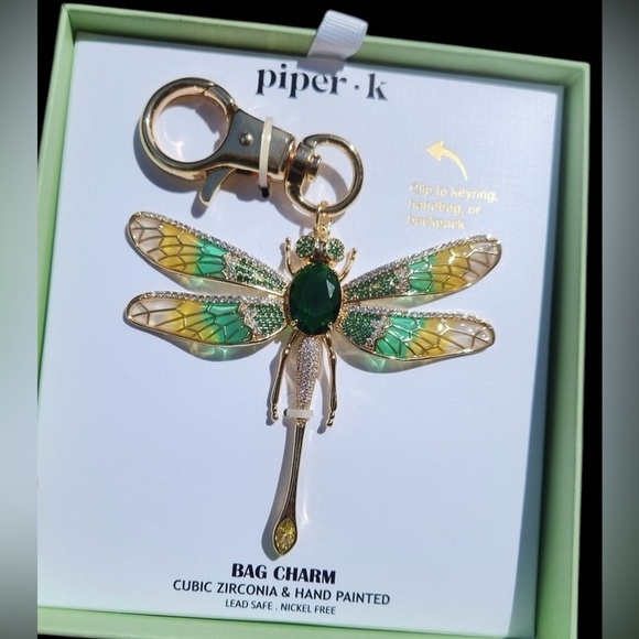 Betsey Johnson Accessories - PIPER K Dragonfly Gold Hand-Painted with CZ Articulated Wings Bag Charm  NEW NWT